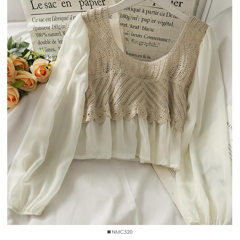 Spring Summer Crochet Top with Chiffon Flower Embroidery Long Sleeve Square-neck Fake Two-Piece Blouse Hook Flower Hollow Top Sunscreen