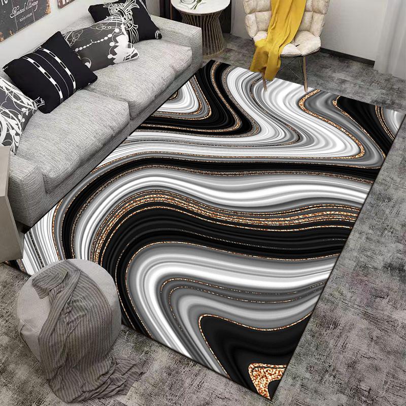 Modern Abstract Wave Design Carpet in Black, White, and Gold Tones Suitable for use as an anti-slip for living room bedroom sofas