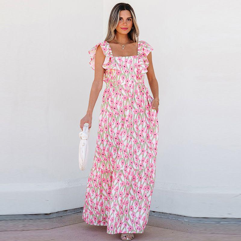 

New Arrival Plant Florals Print Square Collar Short Sleeve Dress Women s European and American Style Easiest for Match Women s Casual Long Skirt Pink P1020 2XL code fits (75.00 kg-82.50 kg