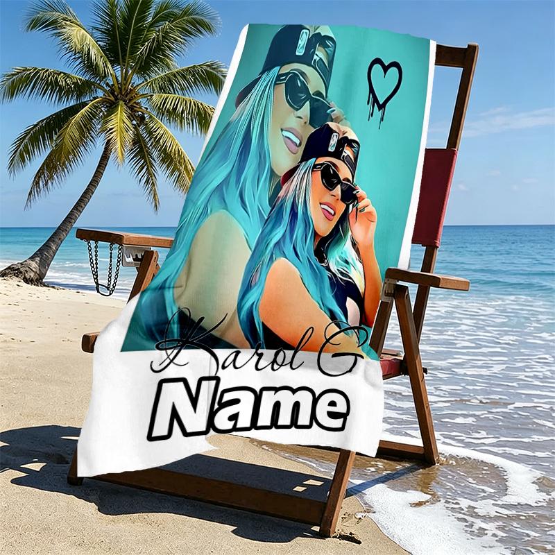 Custom Name Personalized Karol G Print Beach Towel, for Trip Camping Beach Party Home Decor, Birthday Gift for Family & Friends