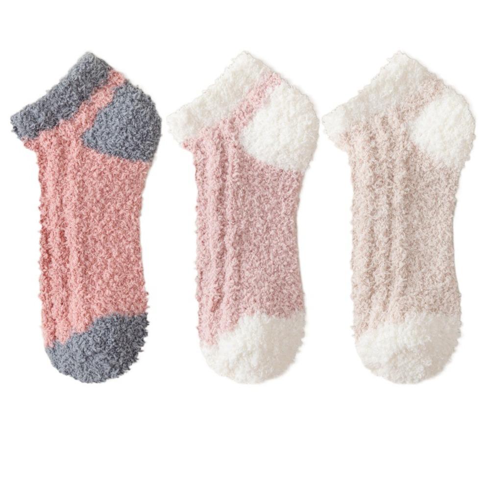 3Pairs Thickened Coral Fleece Socks Patchwork Warm Boat Socks Women Kawaii Floor Plush Socks  Winter