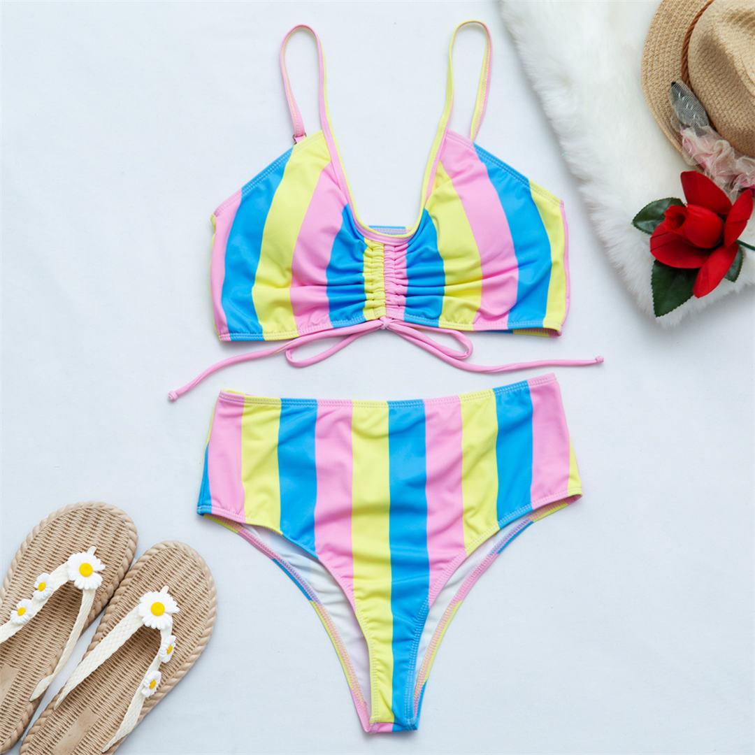 

Красочные полосатые женские купальники на шнуровке, бикини с высокой талией, женские купальники, комплект бикини из двух частей, купальный костюм для плавания L