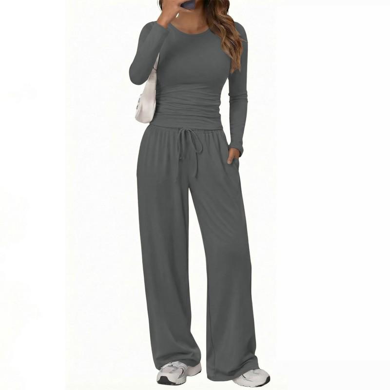 Womens 2-Piece Casual Set Long Sleeve Top Wide Leg Pants Solid Color Daily Wear