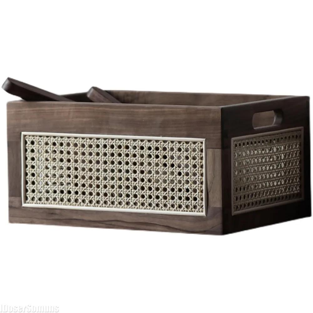 Kitchen Desktop Solid Wood Storage Box Retro Rattan Basket Book Snacks Cosmetics Organizer Home Appliance Luxury