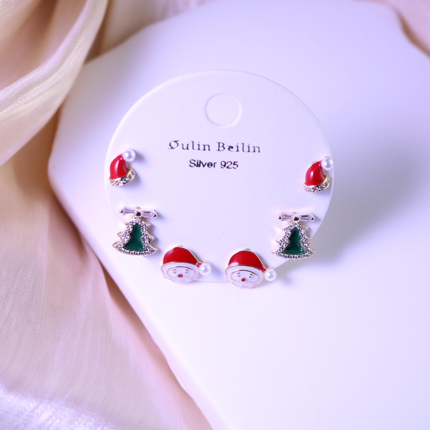 

Christmas Series Santa Claus & Tree Stud Earrings for Students, Red