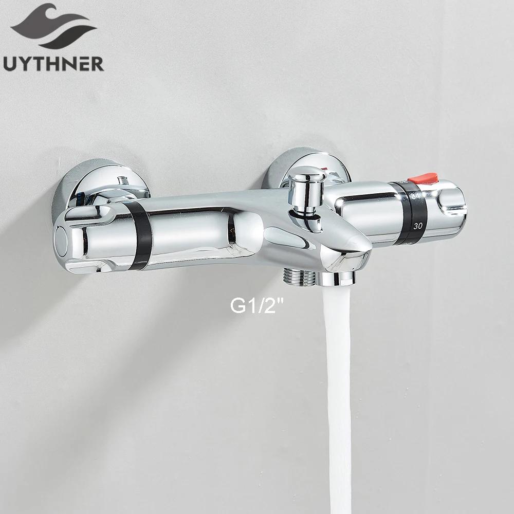 Thermostatic Shower Set Black/Chrome Brass Wall Mounted Bathroom Shower Thermostat Mixer Valve Handle Spray Bathroom Accessories