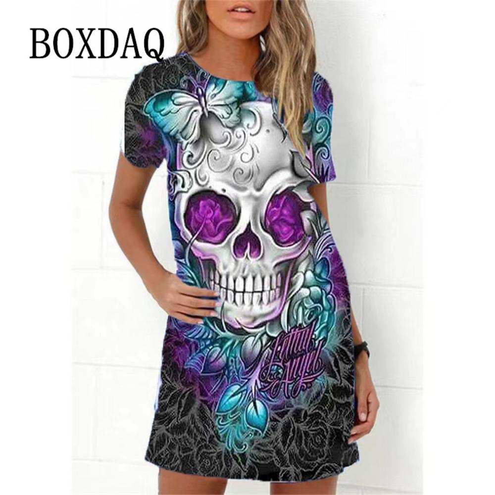 Mode Totenkopf 3D-Druck Damenkleid Lustiges Horror-Muster Lässiges A-Linien-Kleid Sommer 2026 Neu Kurzarm O-Ausschnitt Damen Sommerkleid