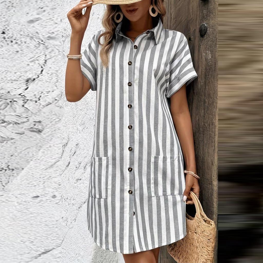 Women's Striped Shirt Dress Short Sleeve Button Front Casual Loose Fit Dress With Pockets