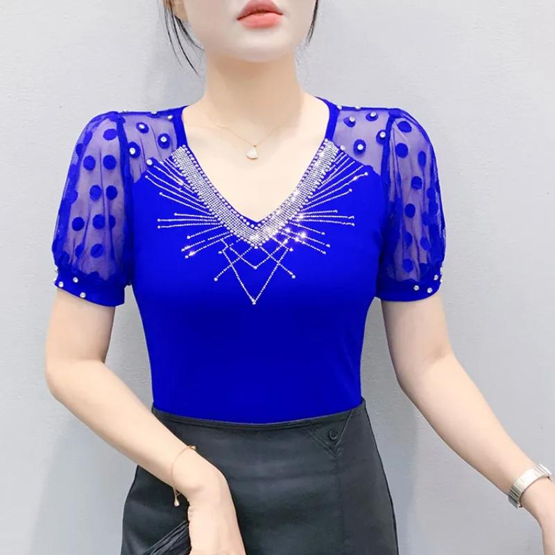 Summer New Mesh T-shirt Shiny Hot Diamonds Tees Sexy V-neck Short Sleeve Women's Tops Fashion Classic Girl Streetwear Blouse