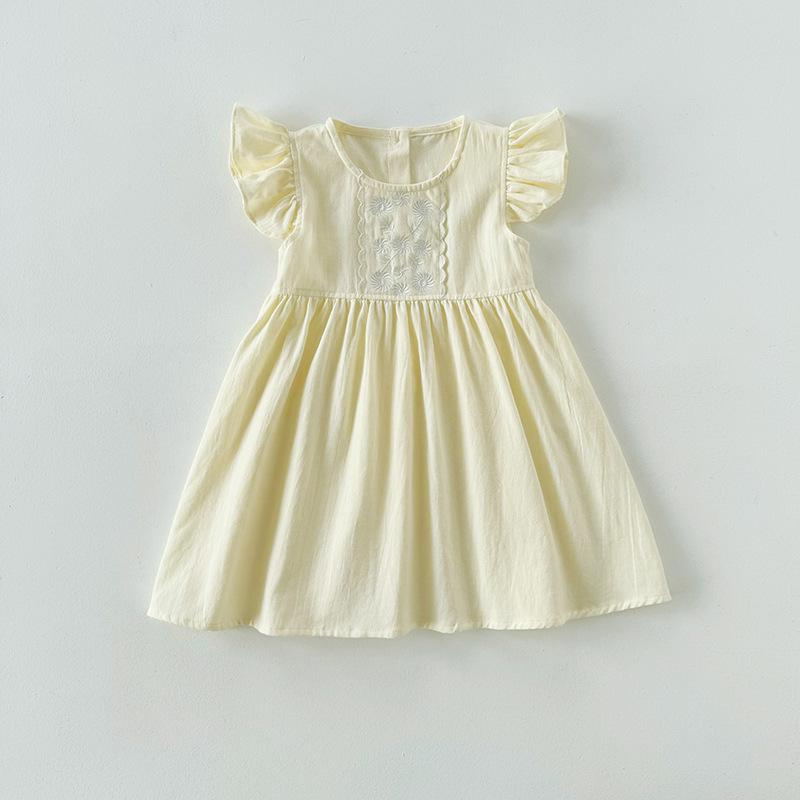 Exquisite Floral Embroidered Cotton Puff Sleeve Girls' Dress - Korean Style Summer 2026 Princess Skirt