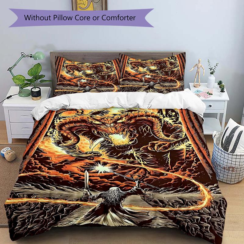 

3pcs Dragon vs Wizard Comforter Set with One Quilt Cover and Two Pillowcases (No Core) - Anime Cartoon Design, Polyester Fabric, Perfect for Bedroom a 135x200cm
