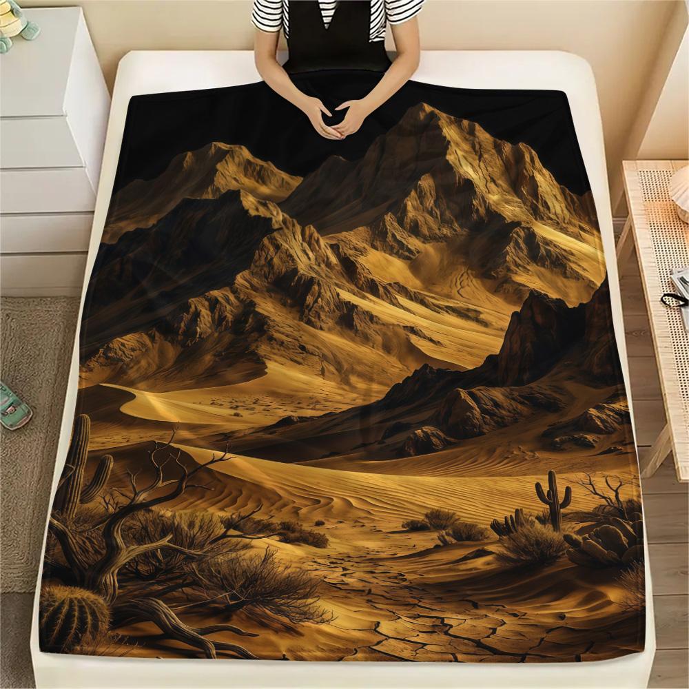 1PC Desert Mountain Print FlAannel Blanket, High Quality Comfortable for All Seasons, Home Decor, Warmth and Comfort