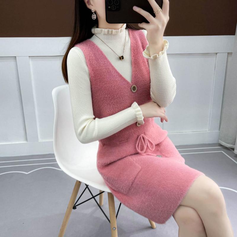 Faux Mink Knitted Waistcoat Spring and Autumn Mohair V-neck Vest Knitting Versatile Sleeveless Mid-length Casual Women's Dress