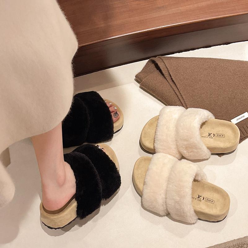 Premium thick bottom heightening fluffy slippers women's outer wear 2025 spring and autumn new office rabbit hair home cotton slippers