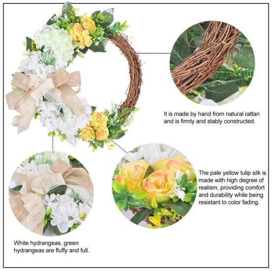Spring Rattan Wreath Artificial Hydrangea Rose Wreath for Front Door Lifelike
