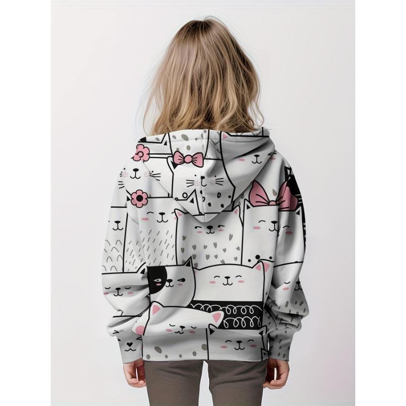 New Adorable Kittens Pattern Print Girls Hoodies Pullover Long Sleeve Trendy & Cute Hooded Sweatshirt Tops Kids Clothing Gifts