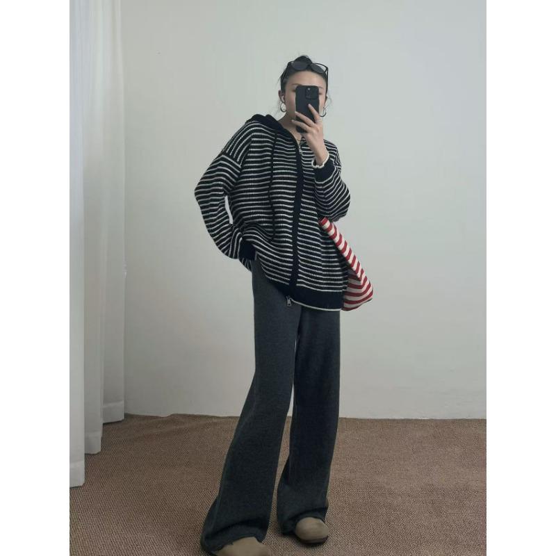 

Ленивый ветер полосатая толстовка с капюшоном куртка женская осень и зима новая свободная повседневная вязаная кардиган на молнии One size