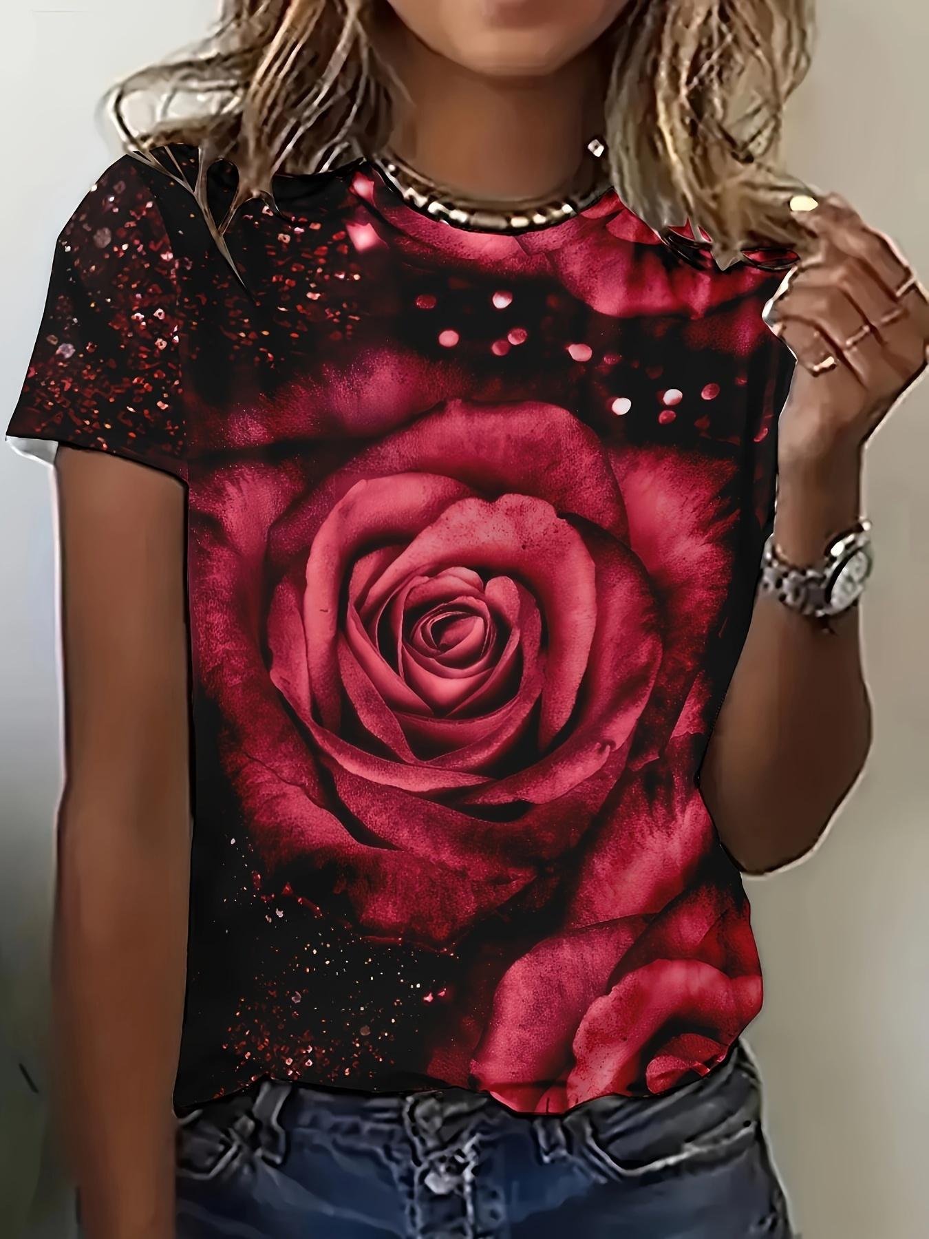 

Красная роза Цветы 3D Принт Футболка Лето Винтаж Женский Пуловер Принт Футболки Повседневный Короткий Рукав Уличный Свободный Женский Топ S