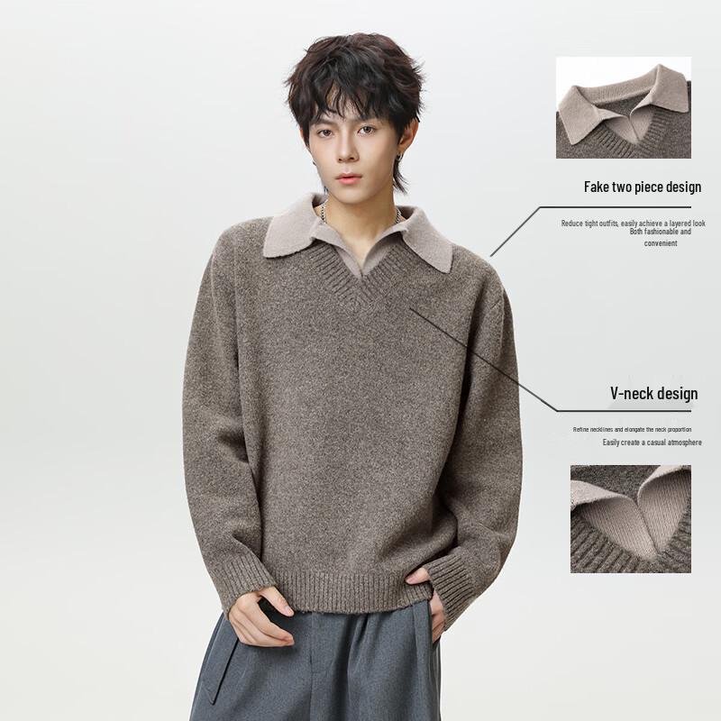 VUUG Men's Vintage Fake Two-Piece Lapel V-Neck Knit Sweater