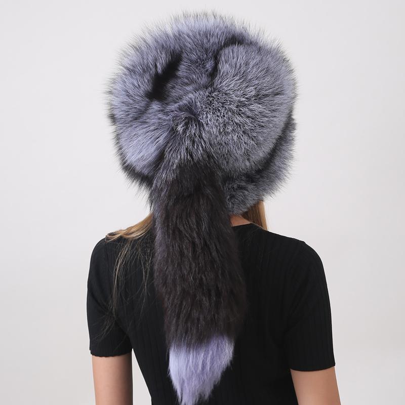 New Fashion Natural Fox Fur Hats for Women Warm Winter Hat with Tail