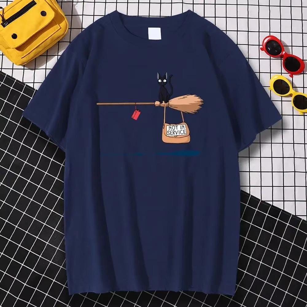 2026 New Funny A Black Cat Pattern on Magic Broom Print Tshirt Short Sleeve Streetwear Mens and Womens Tshirt Mens Top