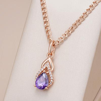 Sparkling Purple Water Drop Natural Zircon Pendant Necklace For Women  Rose Gold Color Vintage Party Fine Daily Jewelry