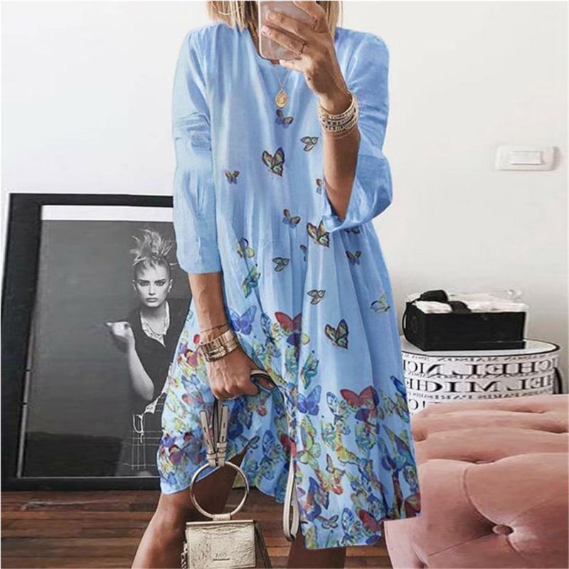 Large Size Women's Autumn Digital Printed Round Neck Long Sleeved Dress
