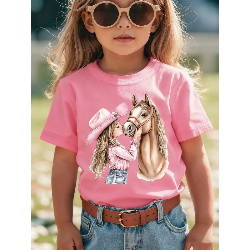 

European sizes Girls Summer Short Sleeve T-Shirt - Pink Casual Round Neck Blouse with Kissable Horse & Mara Cartoon Patch 164cm рожевий