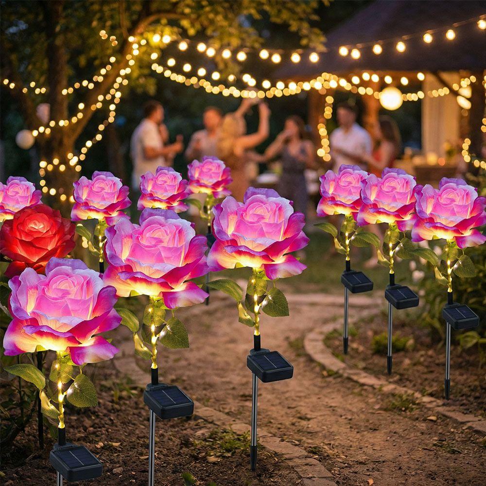 LED LED Solar Rose Lamp Rose Flower Waterproof Solar Lamp Rechargeable Warm Light Outdoor Solar Lights Outdoor Garden