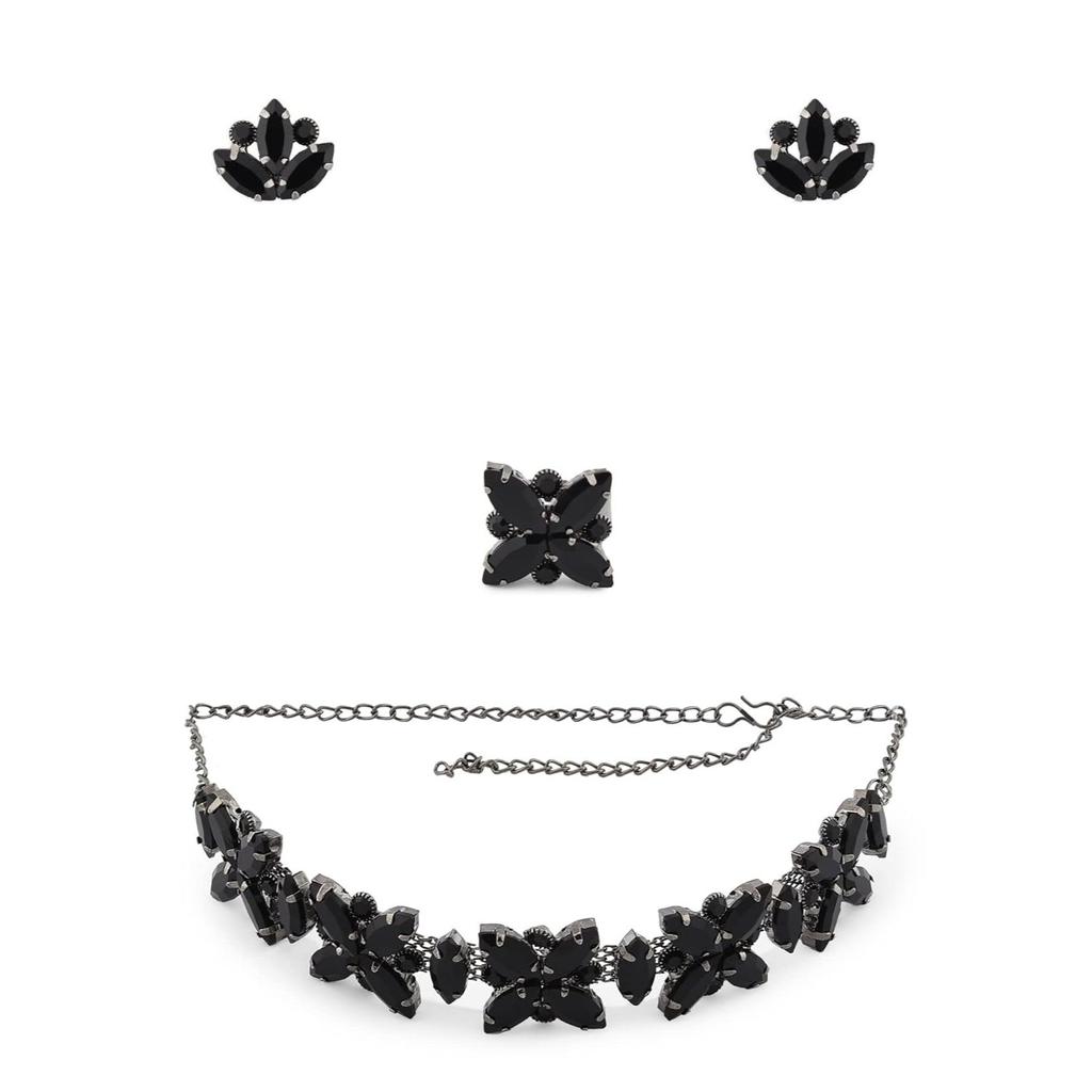 Svart glitrende steiner utsmykket moderne halskjede, øredobber og ring sett for kvinner