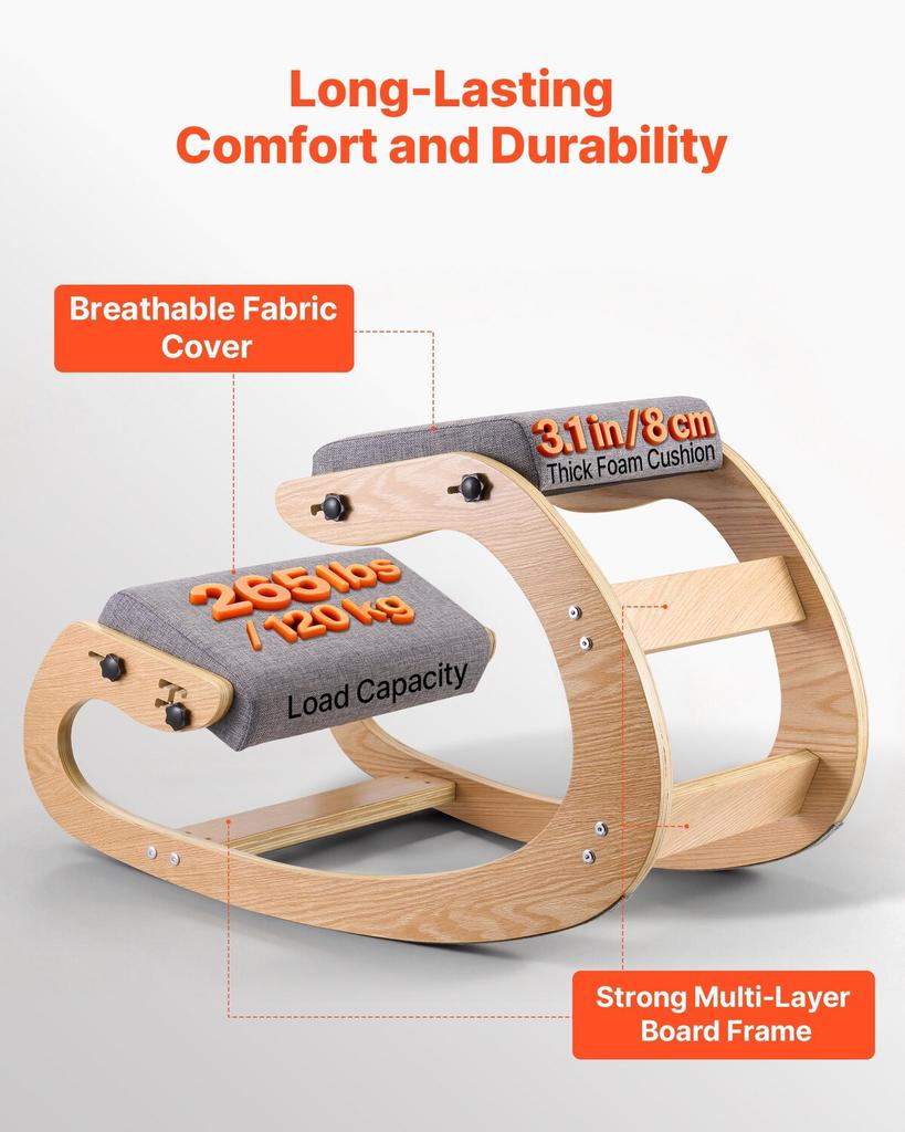 Ergonomischer Kniehocker, Hocker aus Holz zur Haltungskorrektur mit verstellbaren dicken Schaumstoffpolstern & Massivholzrahmen, Höhenverstellbar, Entlastung für Nacken oder Rücken