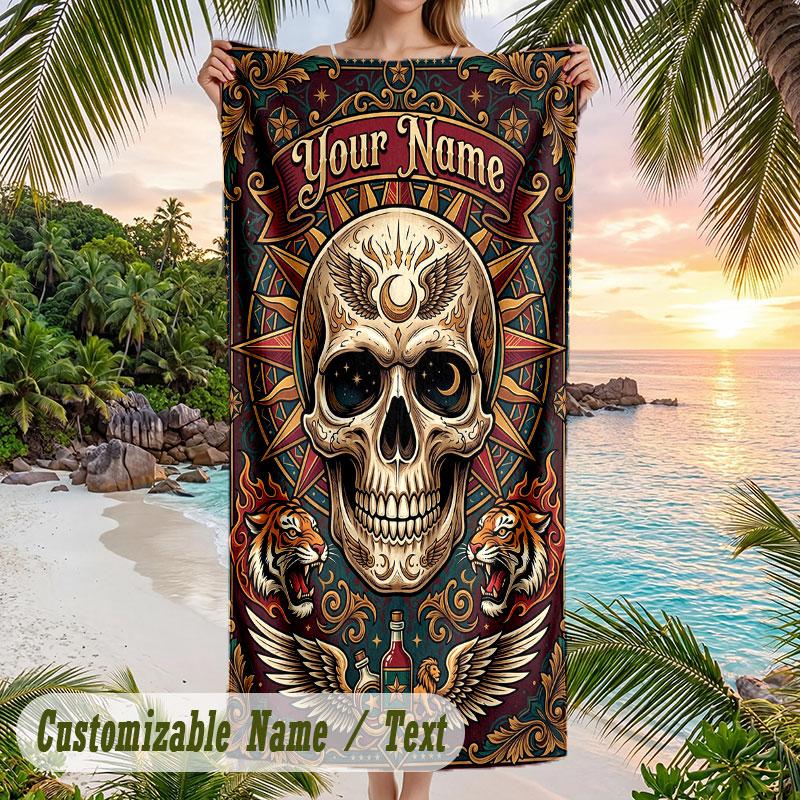 Skull Floral Fantasy Theme Quick Dry Beach Towel Custom Name Text Print Large Sand Resistant Towel Beach Vacation