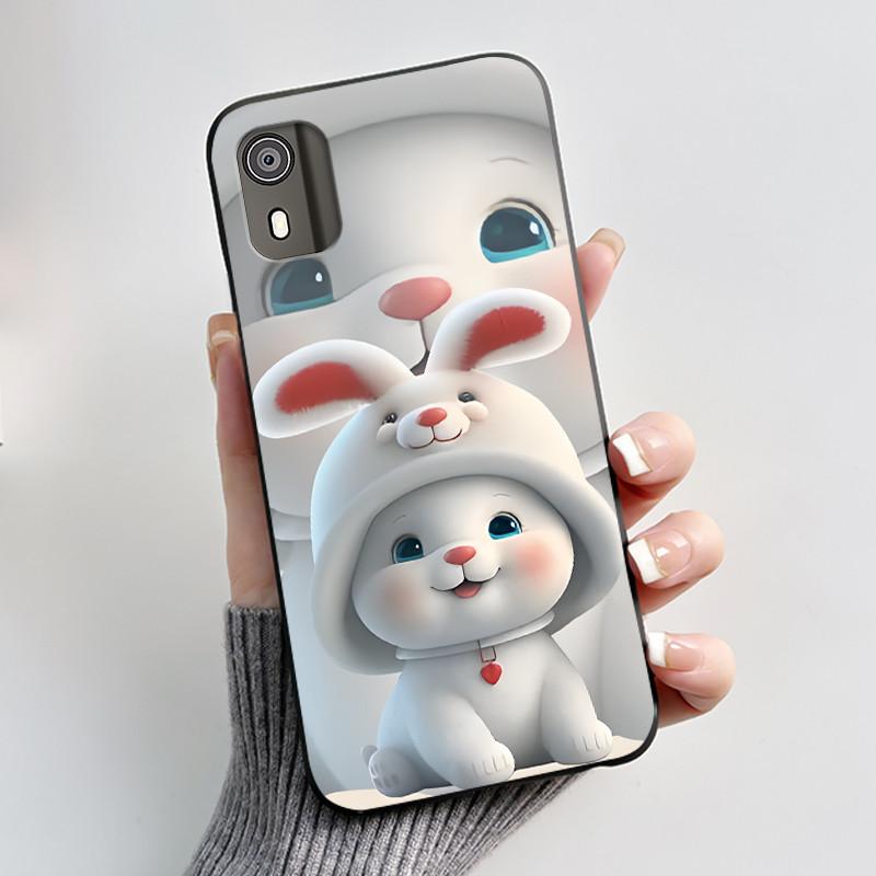 For Nokia C02 Phone Case Cute Funny Love Rabbit Animal Black Matte Soft TPU Protective Back Cover for Nokia C2 2nd Edition Case
