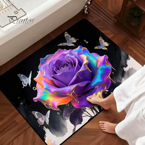 Floral Bathroom Rug 3D Rose Realistic And Butterflies Floor Mat Soft Absorbent Bath Non-Slip for Entrance Kitchen Bedroom Living Room