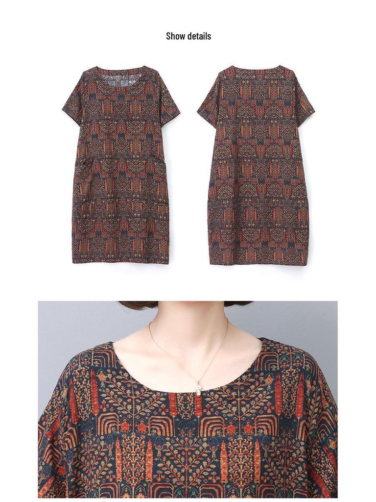 Summer 2025 Retro Print Cotton Linen Dress - Loose Fit for Middle-Aged and Elderly Women