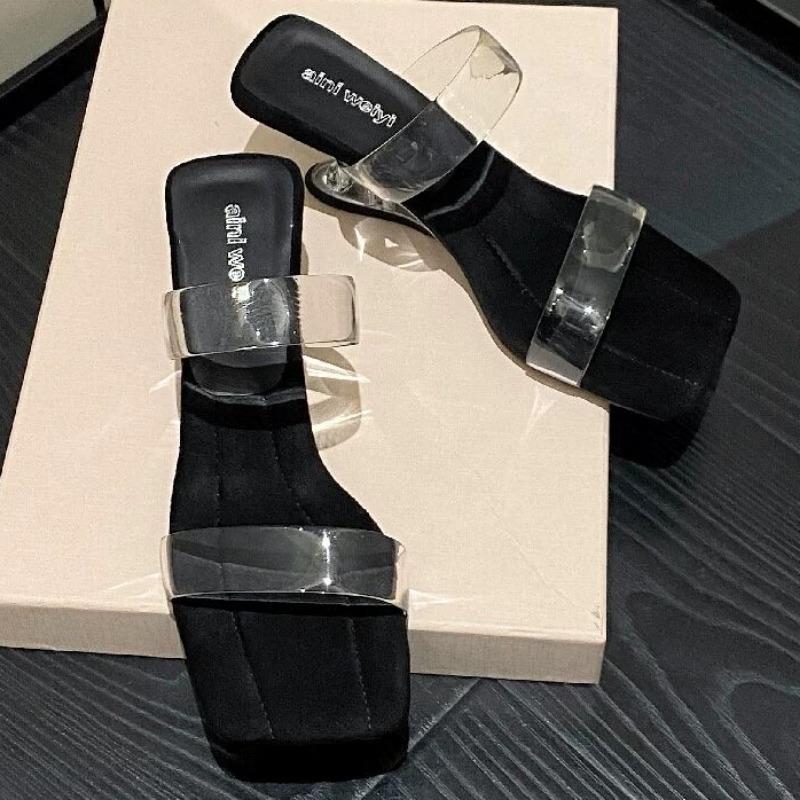 

Модные летние новые прозрачные сандалии с ремешком и шлепанцами для женщин с квадратным носком и открытым носком 40 чёрный