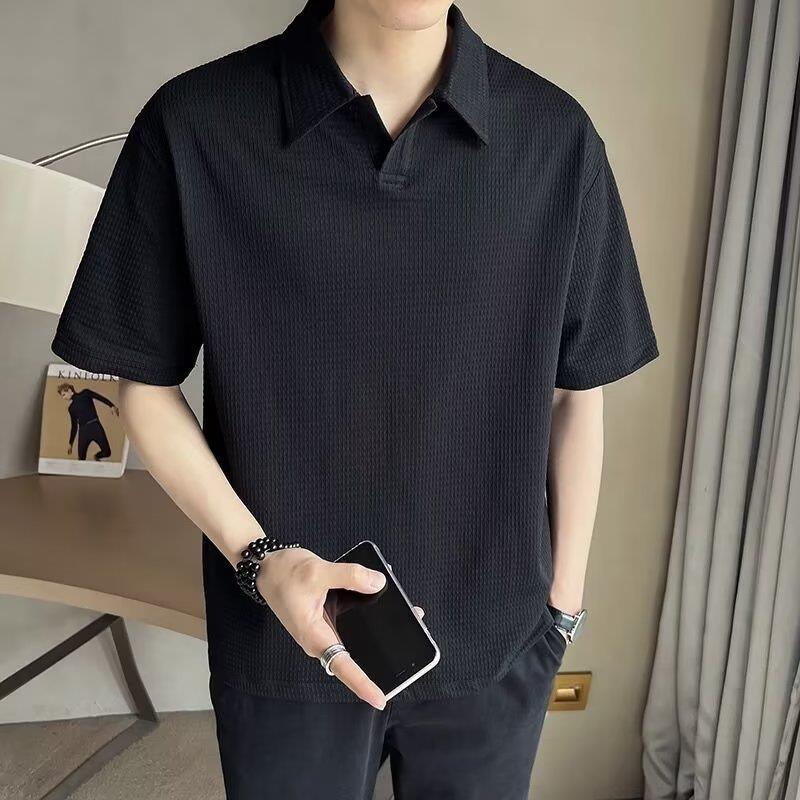 Men's Japanese Retro Loose-Fit Polo T-Shirt - High-End Summer Trend with Collar and Short Sleeves