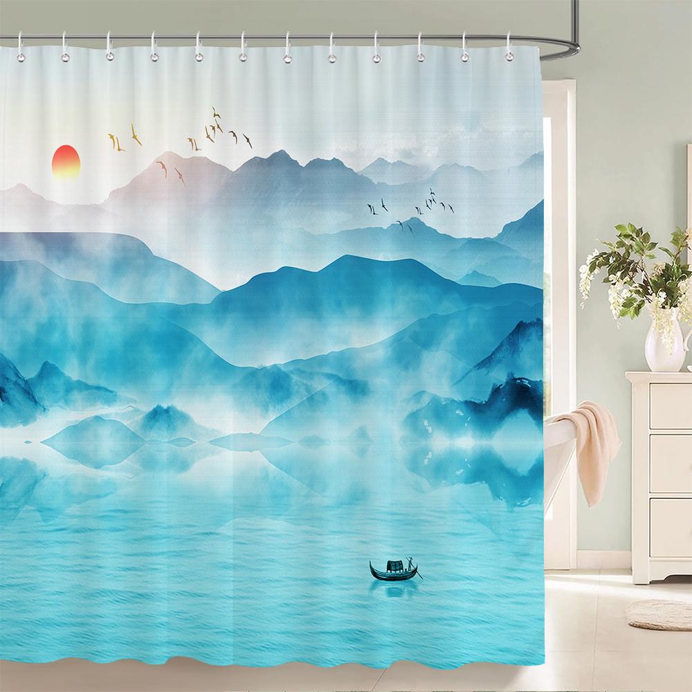 Flowers Birds Bath Curtain Waterproof Fabric Shower Curtains Floral Leaves Landscape Printing Bathroom Screen Home Decoration