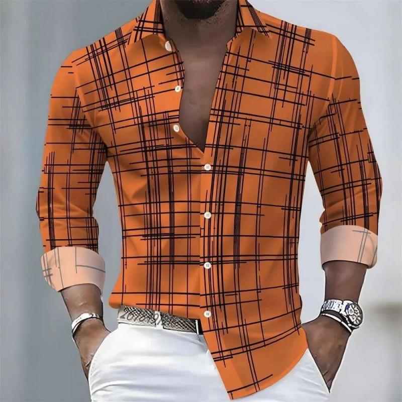 Men's Irregular Line Grid 3D Printed Long Sleeved Shirt, Business Casual Lapel Button Up Cardigan