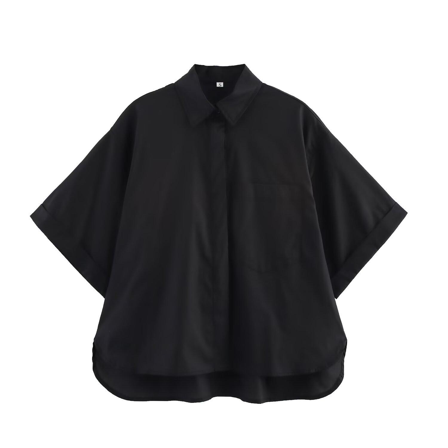 

Весна 2025 Женская европейская и американская мода Поплиновая рубашка с универсальным дизайном карманов Medium чёрный