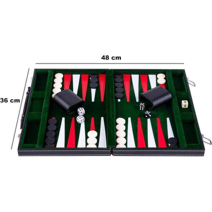 Backgammon 38 cm de luxe, Feutre et Simili Cuir surpiqués Vert/Rouge/Blanc