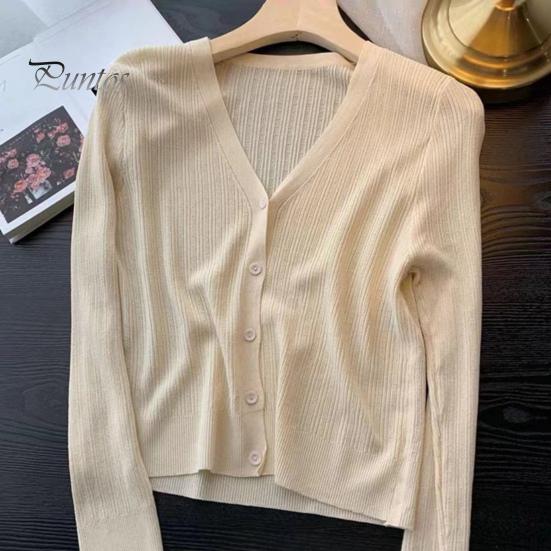 Sun Knit Cardigan for Women Long Sleeve V-Neck Button Up Thin Ice Silk Coat Summer Ribbed Cropped Top for Outdoor Travel Work Beach