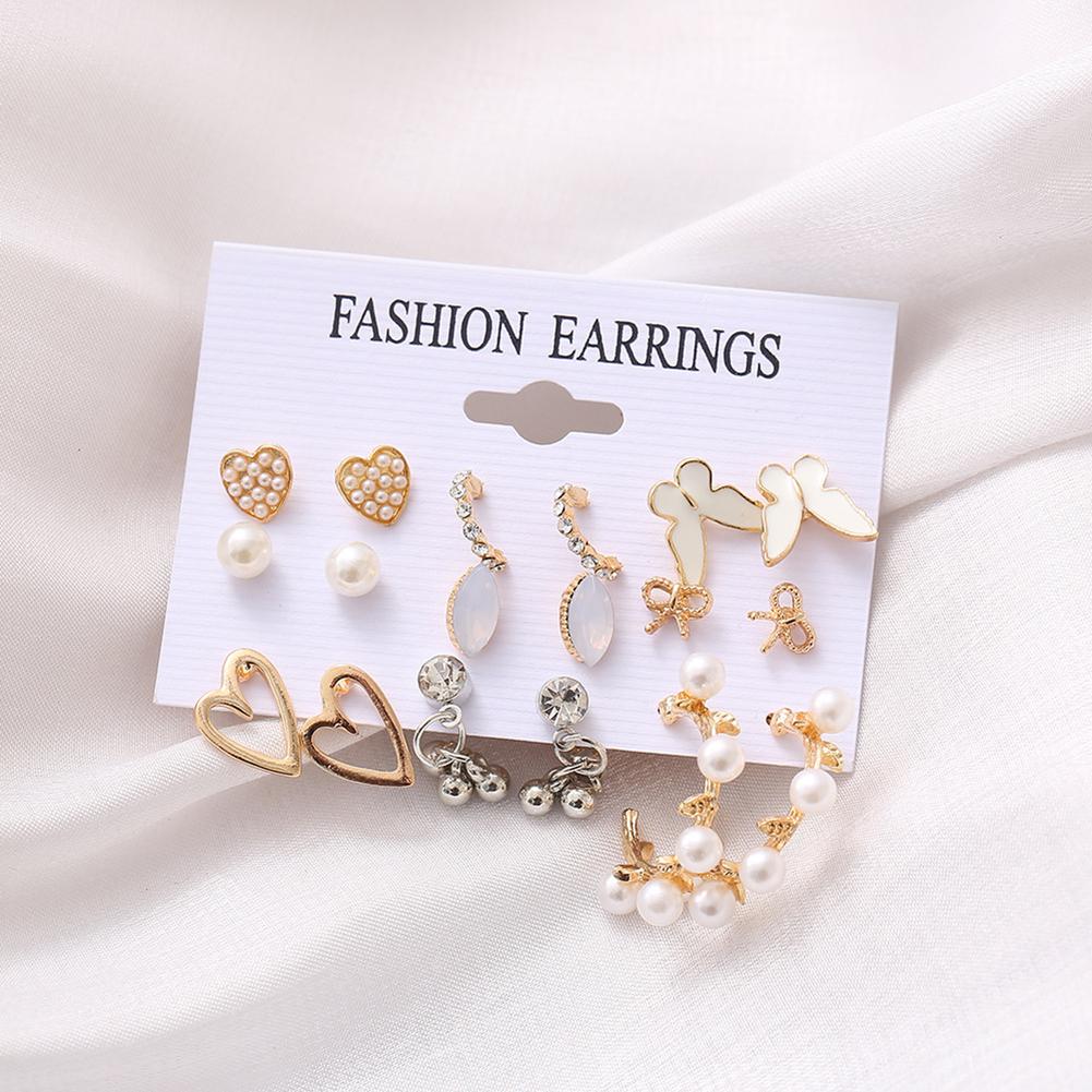 9 Pairs Women Earrings Butterfly Heart Geometric Ear Stud Creative Retro Crystal Pearl Earrings For Gift