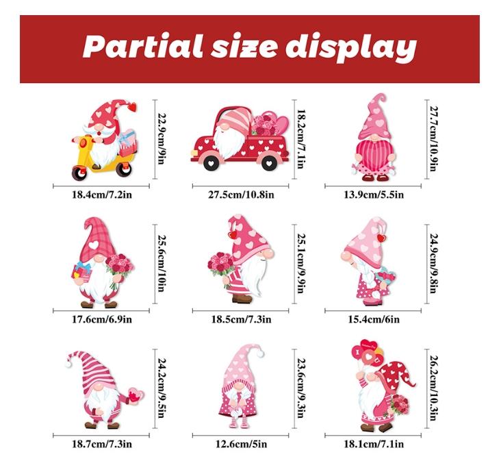 9pcs Valentine's Day Gnomes No Glue Static Sticker Window Glass Refrigerator Sticker