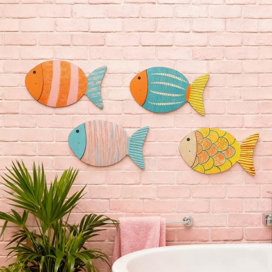 4 Pcs Wood Fish Nautical Beach Wall Decor Coastal Ocean Theme Wooden Fish Wall Art Rustic Lake House Wall Sculpture for Living Room Bedroom Bathroom
