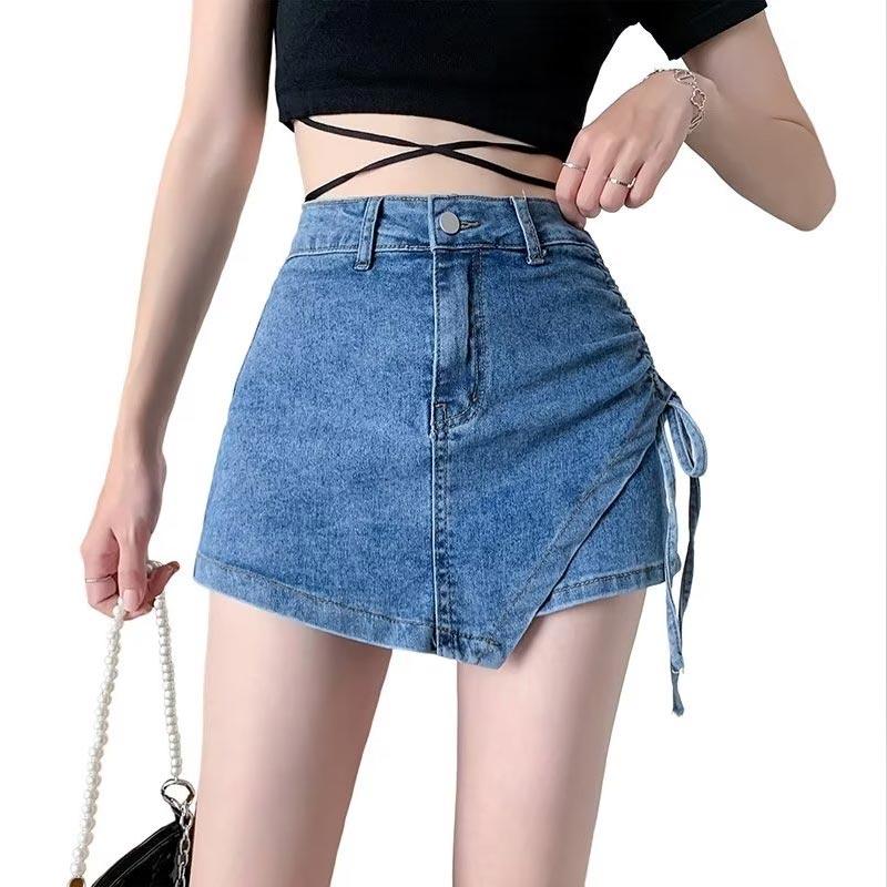 

Джинсовая юбка с высокой талией на шнурке для женщин, летние повседневные шорты трапециевидной формы, юбка, джинсы Y2k, женская одежда цвета хаки, синего, черного цвета 2XL синий