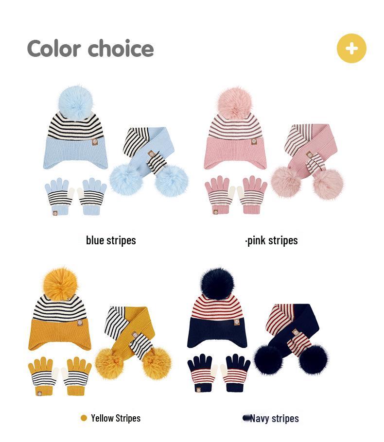 Kinder Pompon Ohrenklappenmütze, Schal & Handschuhe Set - Gestreckt gestrickt für Herbst- & Winterwärme