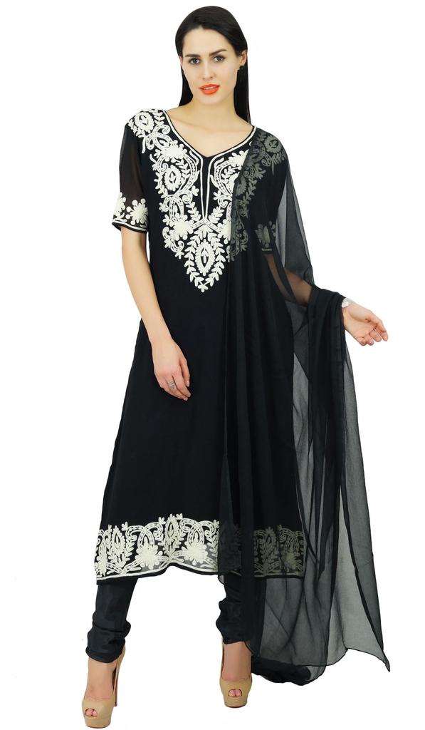 Atasi Womens Straight Black With Dupatta Readymade Salwaar Kameez Suit Set