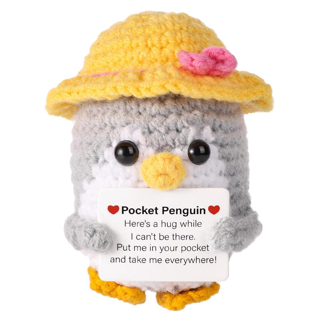 Funny Hug Pocket Penguin Dolls with Card Cute Wool Crochet Emotional Support Penguin Doll with Summer Straw Hat Home Room Decor