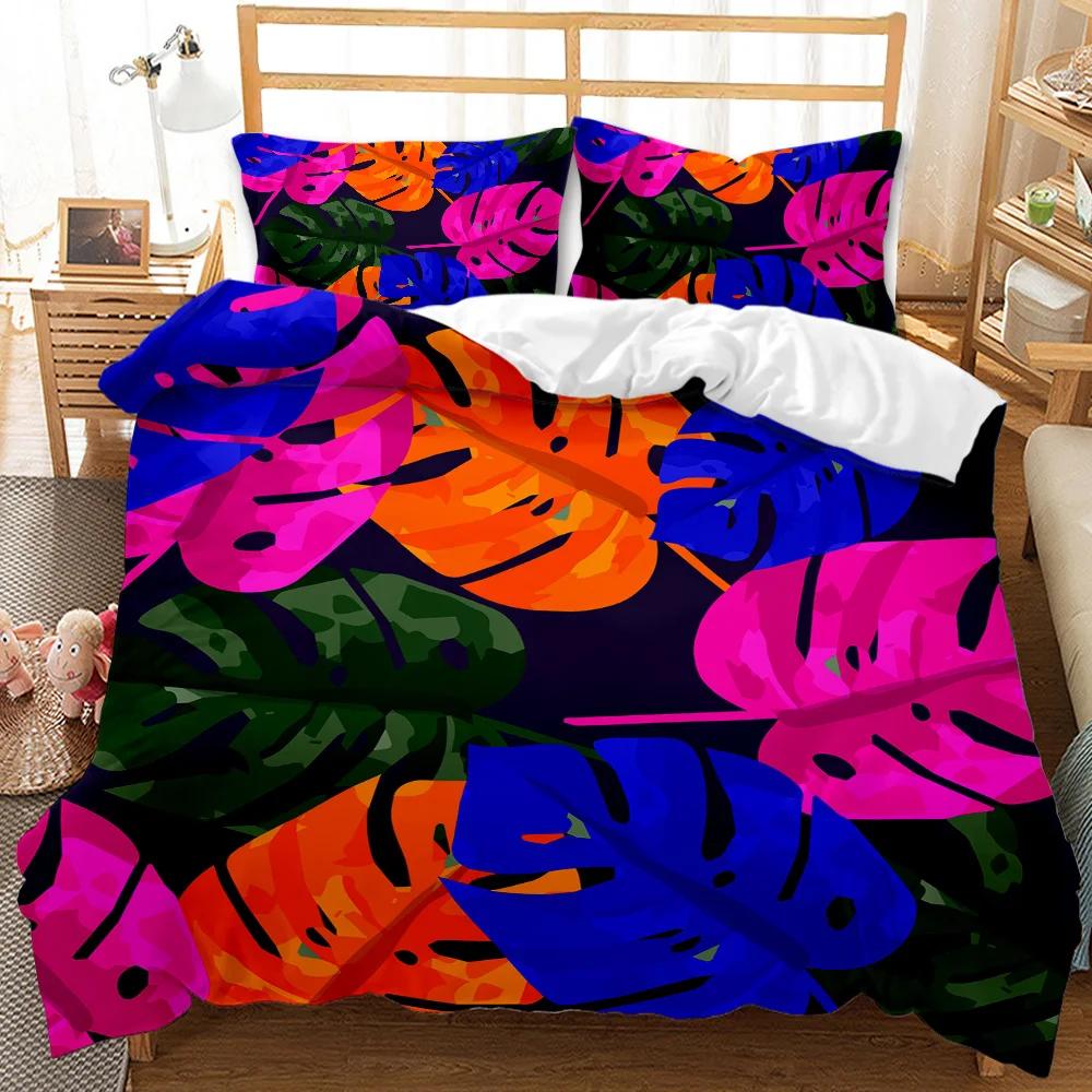 Tropical Rainforest Duvet Cover Set Yellow Dark Green Botanical Leaves Palm Tree Polyester Quilt Cover